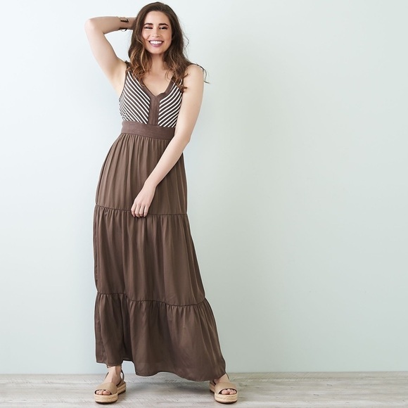 Lisa Rinna Collection Dress Sz L Chevron Bodice Maxi Brown A308781 - Picture 1 of 5